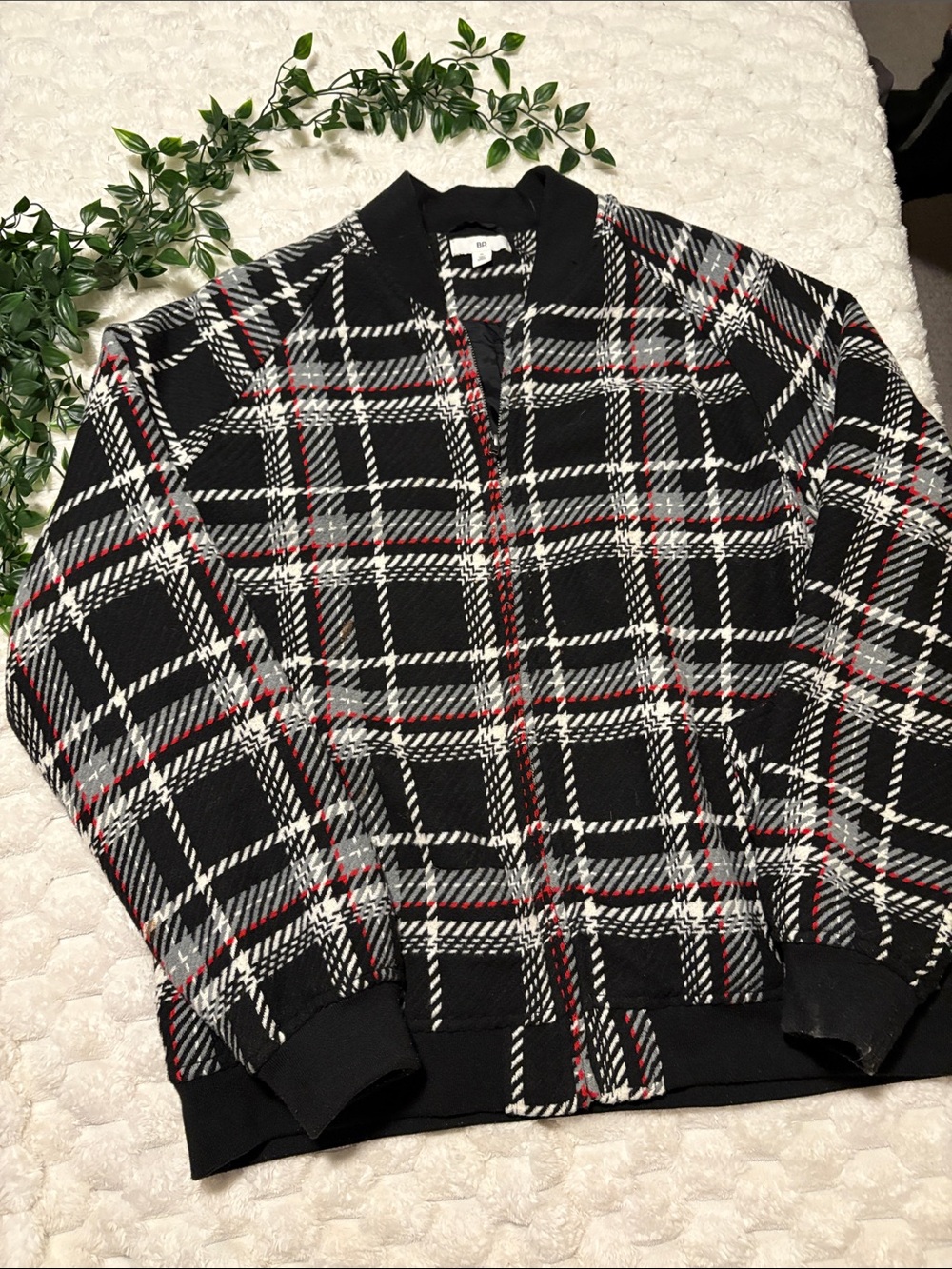 bp Black Plaid Zip-Up Sweater with White and Red Accents